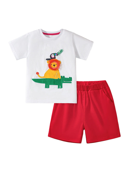 Summer Baby Kids Animals Cartoon Pattern T-shirt and Shorts Clothing Set for Boys-0