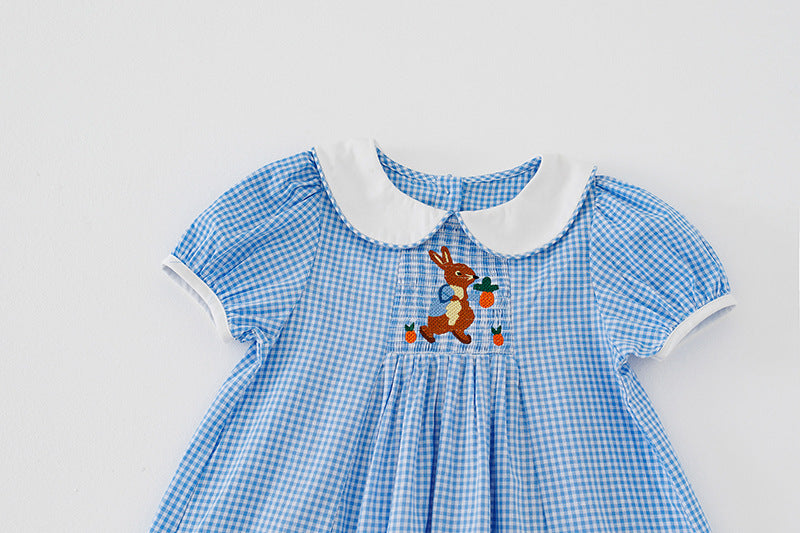 Summer Baby Kids Girls Short Sleeves Rabbit Embroidery Plaid Dress-1