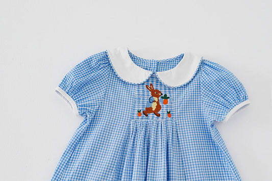 Summer Baby Kids Girls Short Sleeves Rabbit Embroidery Plaid Dress-1