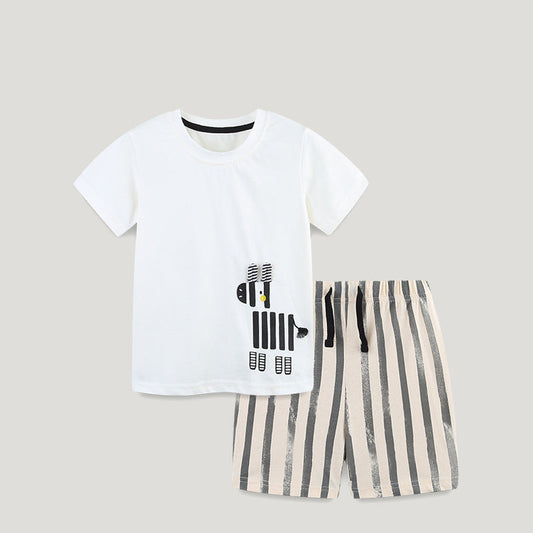Summer Baby Kids Animals Cartoon Pattern T-shirt and Striped Shorts Clothing Set for Boys-0
