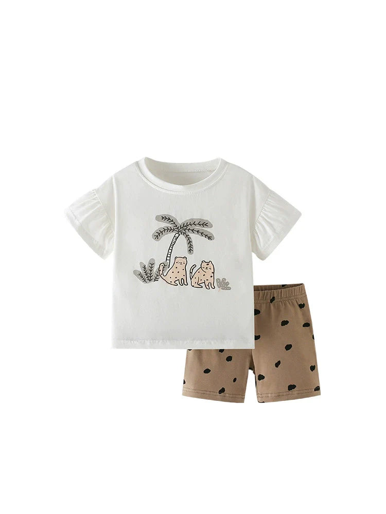 Summer Baby Kids Animals Cartoon Pattern T-shirt and Heart Pattern Shorts Clothing Set for Girls-4