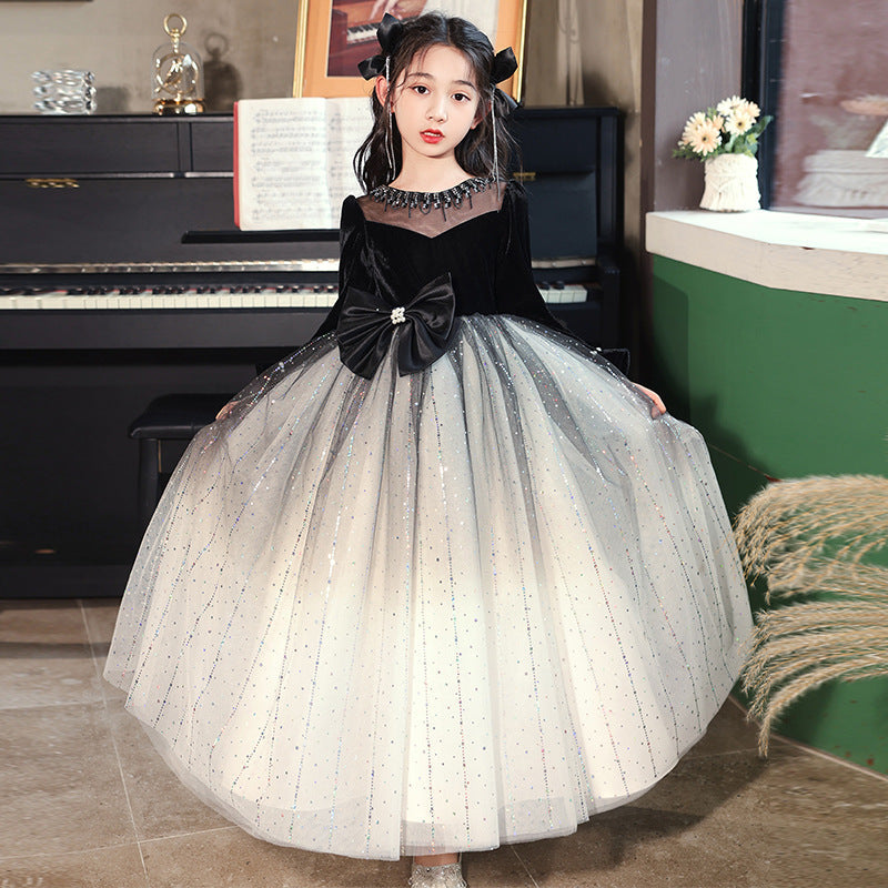 Princess Black Bow Birthday Dress For Girls: Luxurious Long-Sleeved Piano Performance Attire , Perfect For Spring Celebrations-0