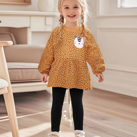 Spring and Autumn Girls Cat Cartoon and Dots Pattern Long Sleeves Sweatshirt and Black Pants Clothing Set-0