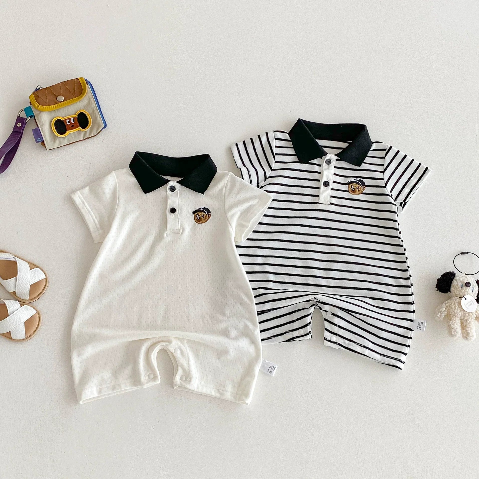 Summer Arrival Baby Boys Teddy Bear Pattern Short Sleeves Rompers with Turn-down Collar-2
