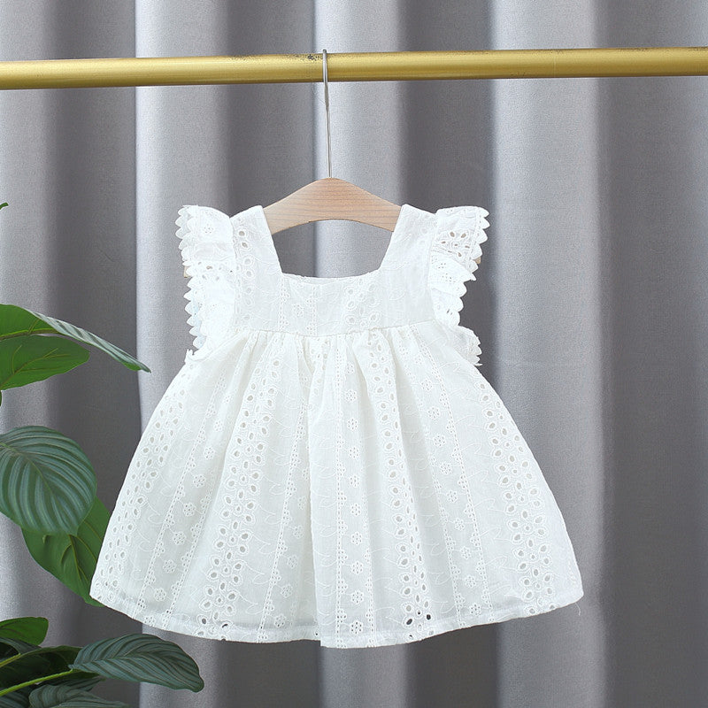 Summer Hot Selling Baby Kids Girls Hollow Out Flowers Pattern Fly Sleeves Square Neck Princess Dress-2