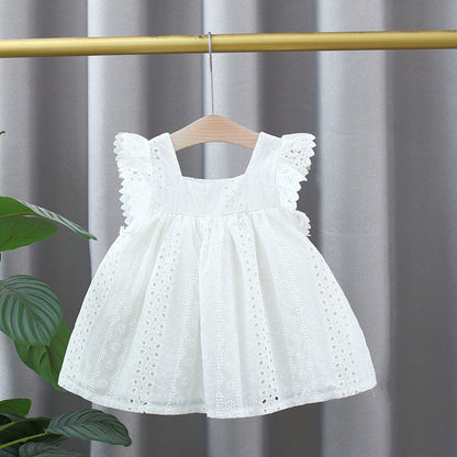 Summer Hot Selling Baby Kids Girls Hollow Out Flowers Pattern Fly Sleeves Square Neck Princess Dress-2
