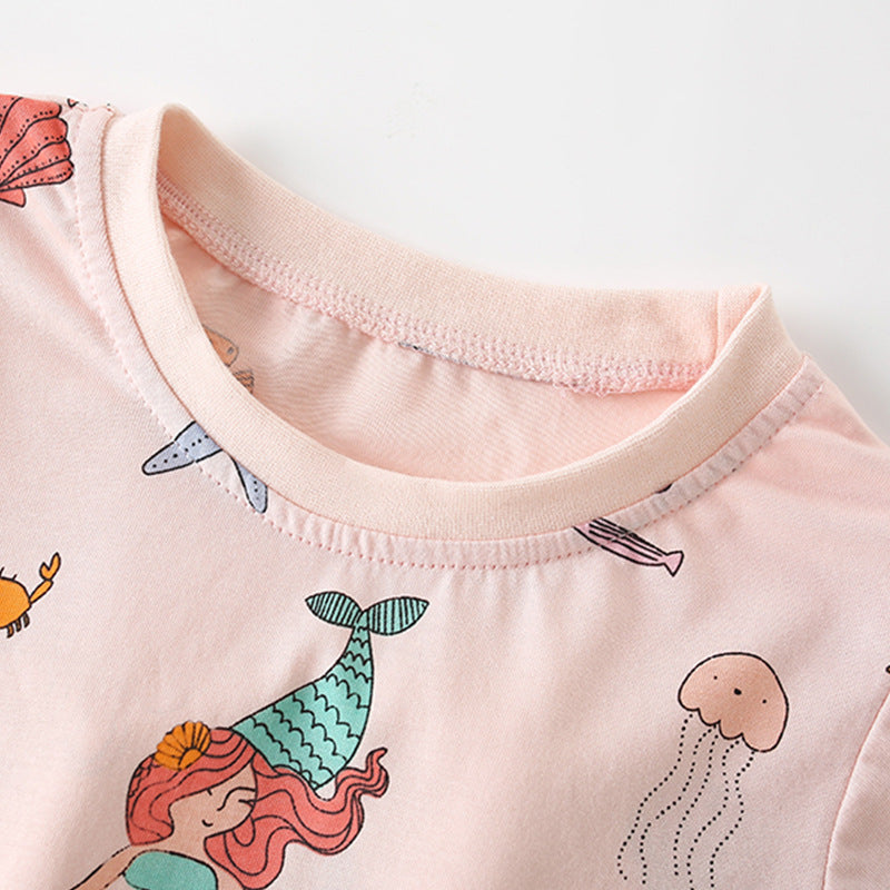 Summer Baby Kids Marine Mermaid and Animals Pattern T-shirt and Shorts Clothing Set for Girls-1