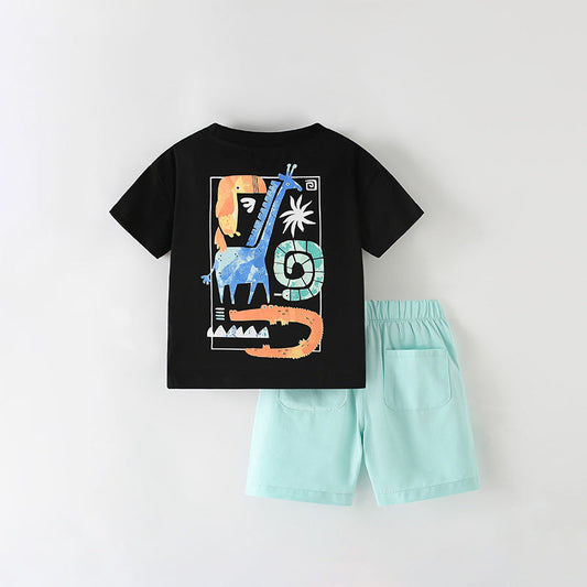 Summer Baby Kids Animals Cartoon Pattern T-shirt and Shorts Clothing Set for Boys-1