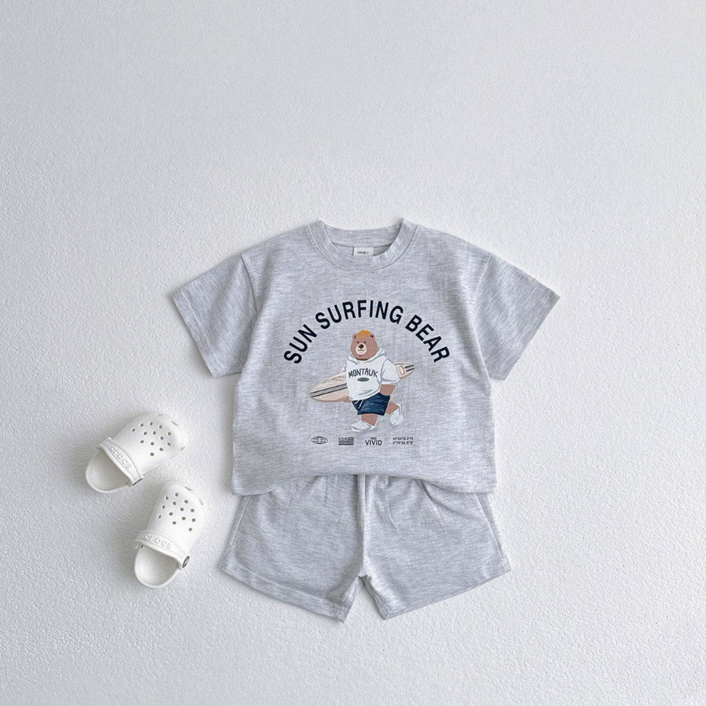 Summer Baby Kids Unisex Casual Letters and Teddy Bear Pattern Short Sleeves Top Shirt and Shorts Clothing Set-2