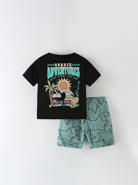 Summer Baby Kids Sun and Stars Pattern T-shirt and Shorts Clothing Set for Boys-1