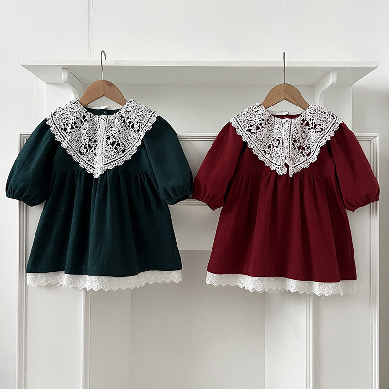 Arrival Autumn Baby Kids Girls Long Sleeves Vintage Hollow-out Lace Collar Dress-0
