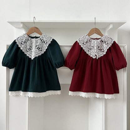 Arrival Autumn Baby Kids Girls Long Sleeves Vintage Hollow-out Lace Collar Dress-0