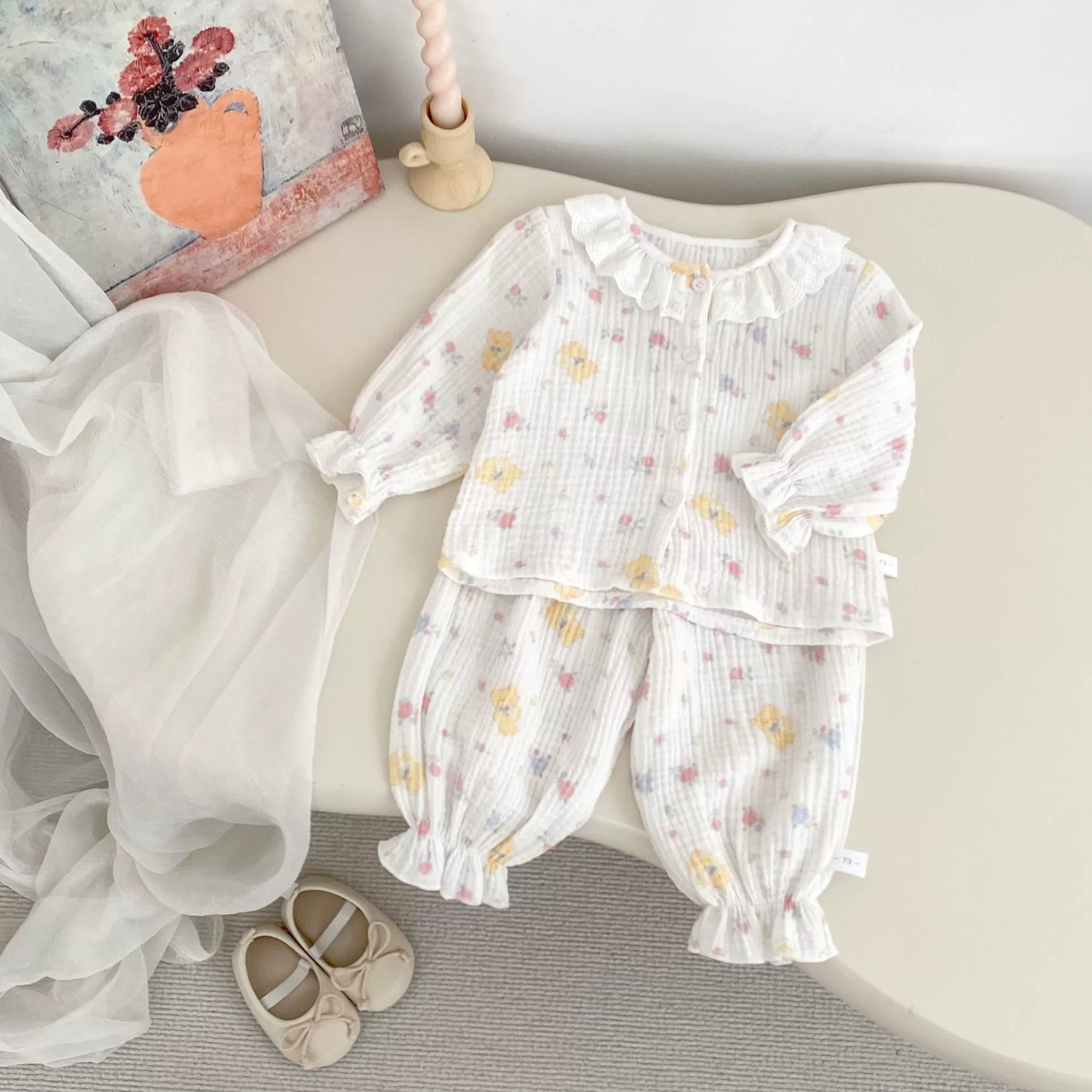 Spring and Autumn Baby Kids Girls Simple Pattern Long Sleeves Top and Pants Pajamas Clothing Set-2