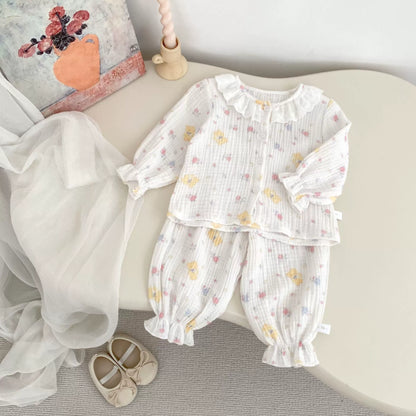 Spring and Autumn Baby Kids Girls Simple Pattern Long Sleeves Top and Pants Pajamas Clothing Set-2