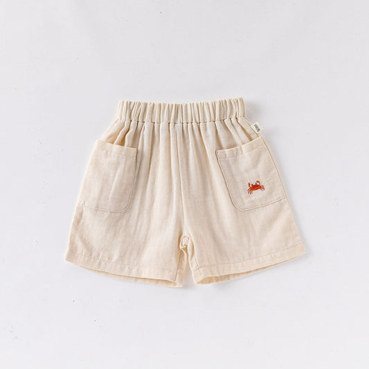 Summer Arrival Kids Unisex Cotton Casual Style Animals Embroidered Pattern Pocketed Shorts-1