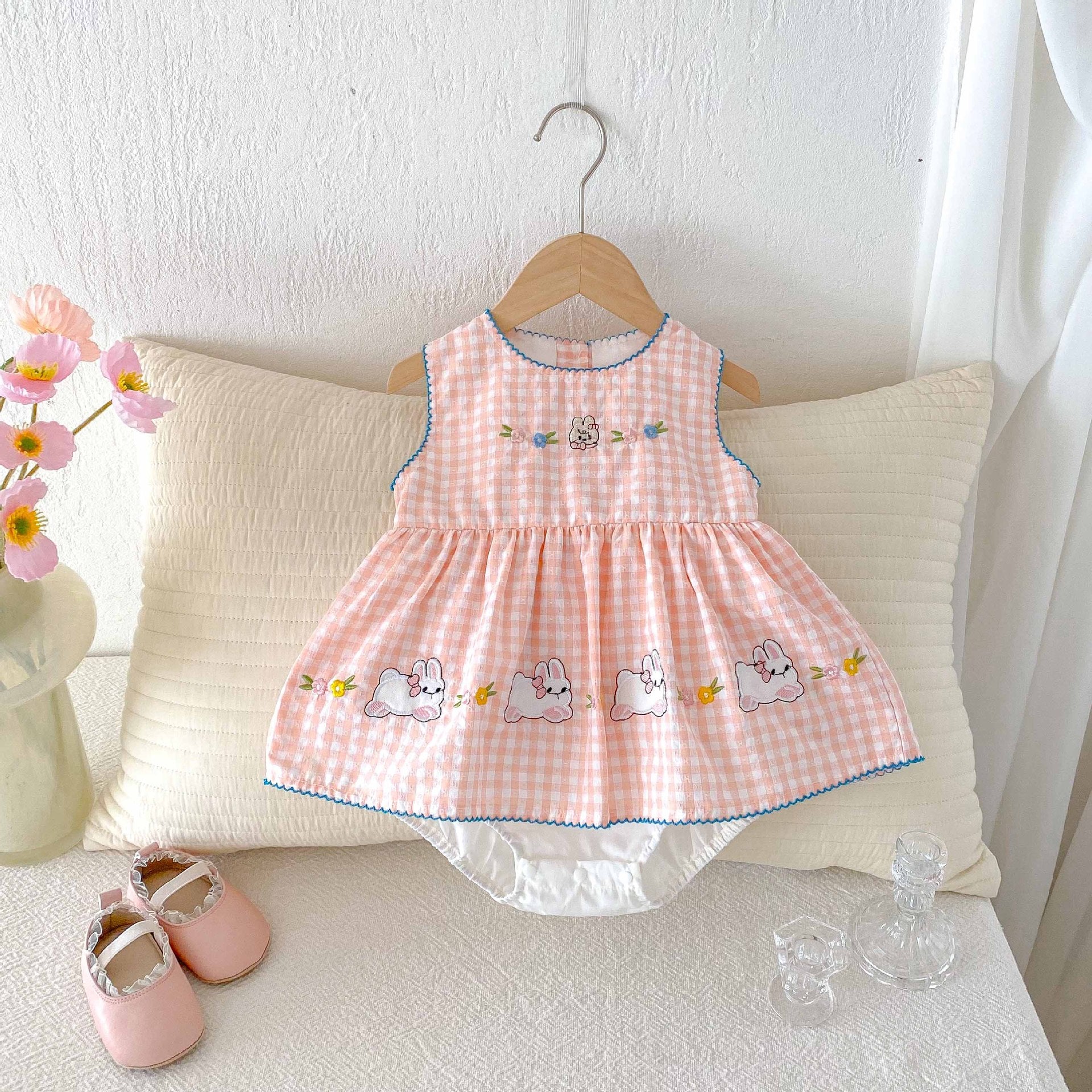 Summer Arrival Baby Girls Cute Pink Sleeveless Rabbits Pattern Plaid Onesies-0