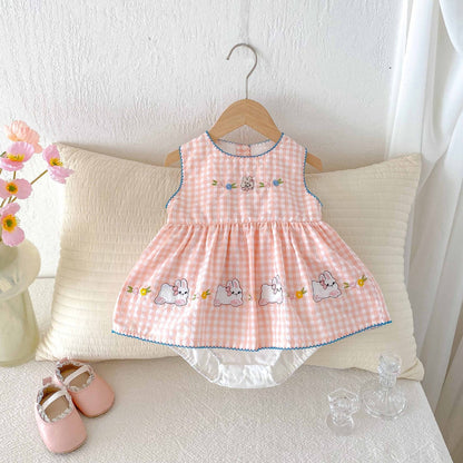 Summer Arrival Baby Girls Cute Pink Sleeveless Rabbits Pattern Plaid Onesies-0