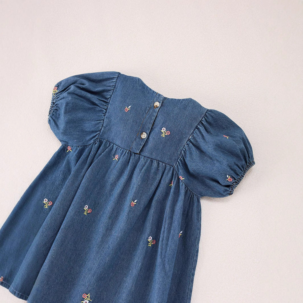 Summer Baby Kids Girls Denim Short Sleeves Flowers Pattern Embroidered Dress-2