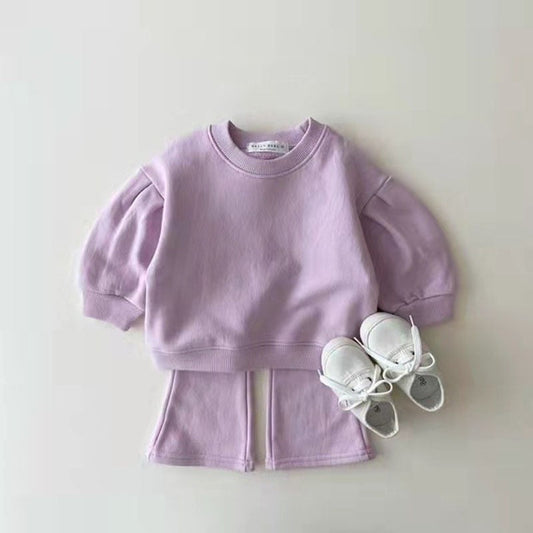 Autumn Baby Kids Unisex Casual Solid Color Long Sleeves Pullover and Flared Pants Clothing Set-1
