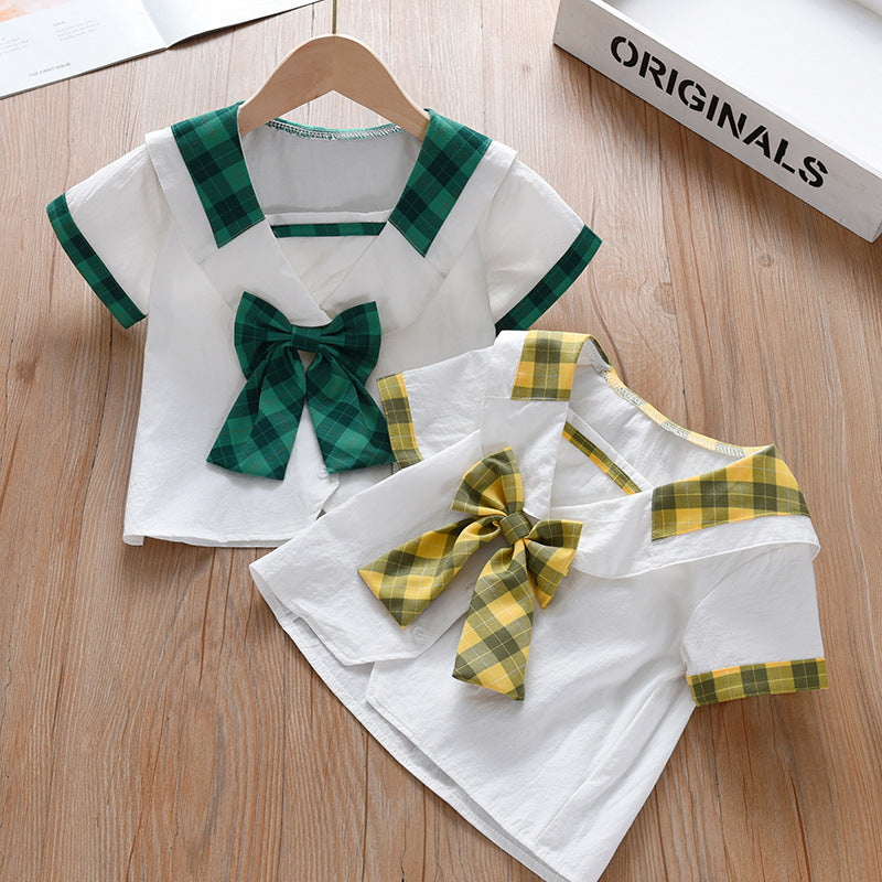 Summer New Design Baby Kids Girls Geometric Argyle Pattern Square Neck Short Sleeves Preppy Tops-3