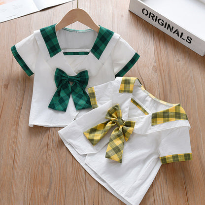 Summer New Design Baby Kids Girls Geometric Argyle Pattern Square Neck Short Sleeves Preppy Tops-3