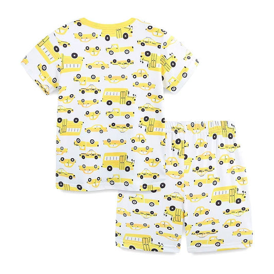 Summer Baby Kids Cartoon School Bus and Taxi Pattern T-shirt and Shorts Clothing Set for Boys-1