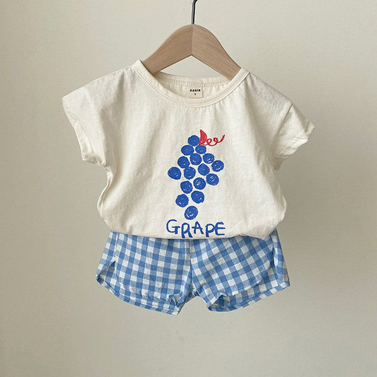 Summer Baby Kids Fruits Pattern Short Sleeves T-shirt and Plaid Shorts Clothing Set-1