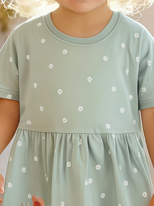 Summer Cartoon Short-sleeved Dress with Crew Neck for Stylish Girls-1