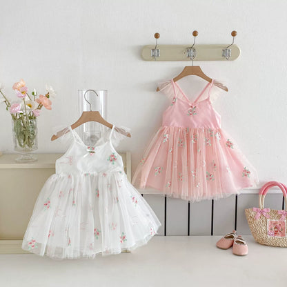 Summer Arrival Baby Girls Flowers Embroidered Tulle Design Sleeveless Dress-0