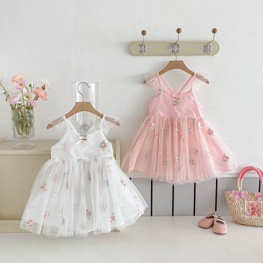Summer Arrival Baby Girls Flowers Embroidered Tulle Design Sleeveless Dress-0