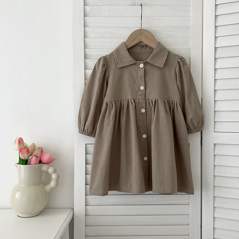 Arrival Autumn Baby Kids Girls Long Sleeves Solid Color Single Breasted Turn-down Collar Dress-1