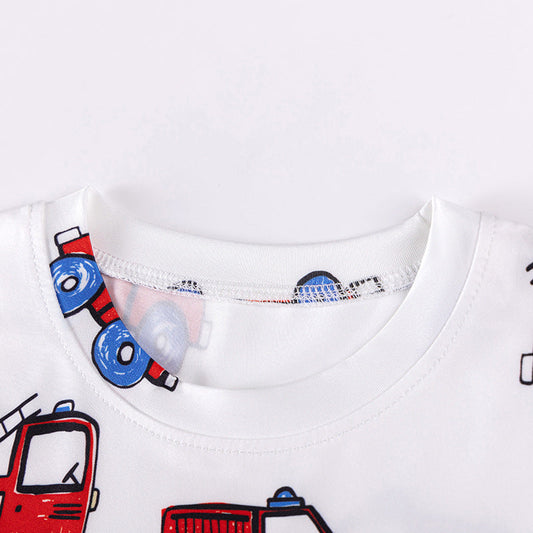 Fire Truck Kids Sleepwear Set – Long Sleeve Shirt and Pants, Cartoon Firefighter Design-1