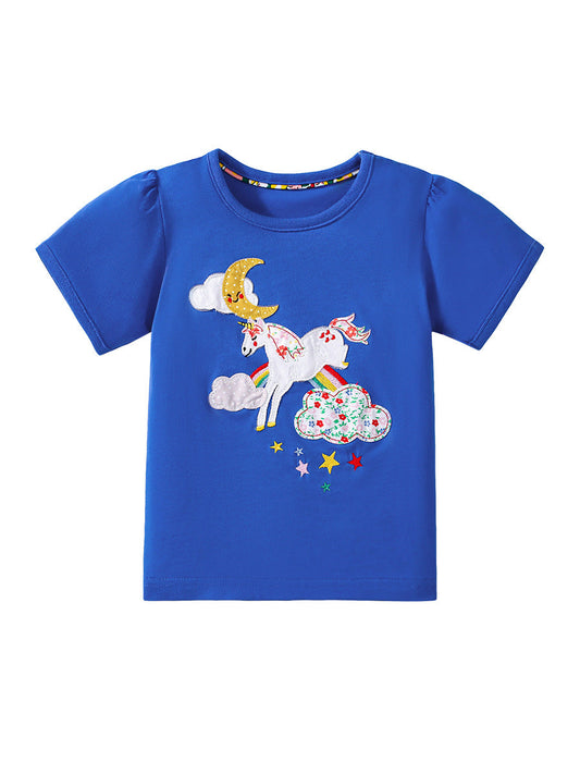 Kids’ Unicorn Cartoon Pattern Short Sleeves T-shirt in European and American Style for Summer-0