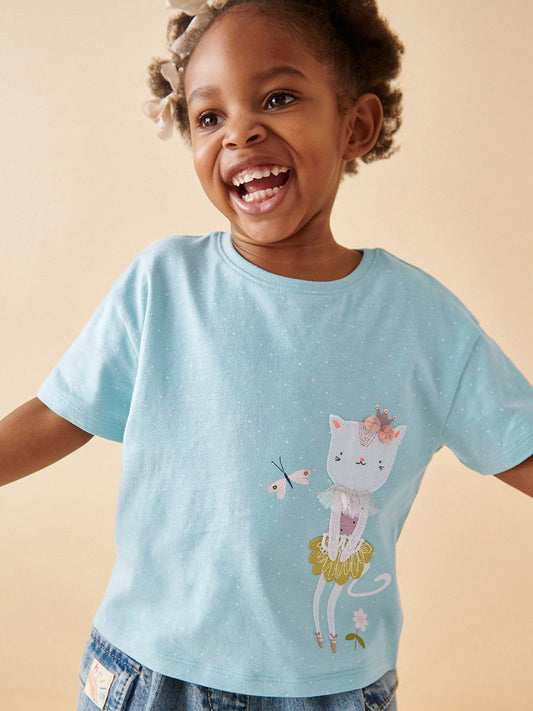 Kids’ Kitten Cartoon Pattern Short Sleeves T-shirt in European and American Style for Summer-1