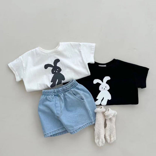 Summer Arrival Kids Crew Neck Short Sleeves Thin Rabbit Print Top T-Shirt-1