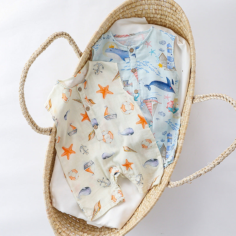 Summer Arrival Baby Unisex Sleeveless Cute Ocean Animals Pattern Onesies-3
