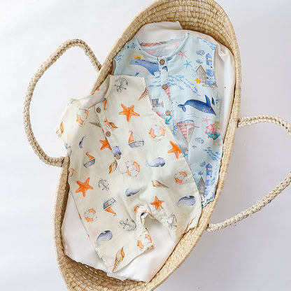 Summer Arrival Baby Unisex Sleeveless Cute Ocean Animals Pattern Onesies-3