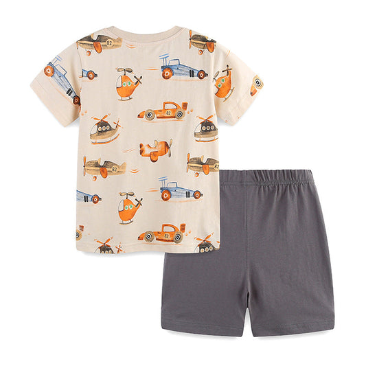 Summer Baby Kids Racing Cars and Planes Cartoon Pattern T-shirt and Shorts Clothing Set for Boys-1