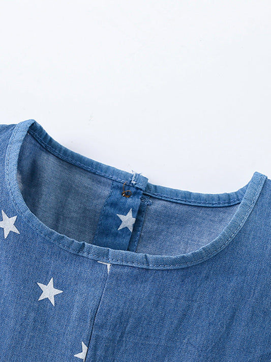 Summer New Arrival Girls’ Stars Pattern Patchwork Short Sleeves Crew Neck Dress-1
