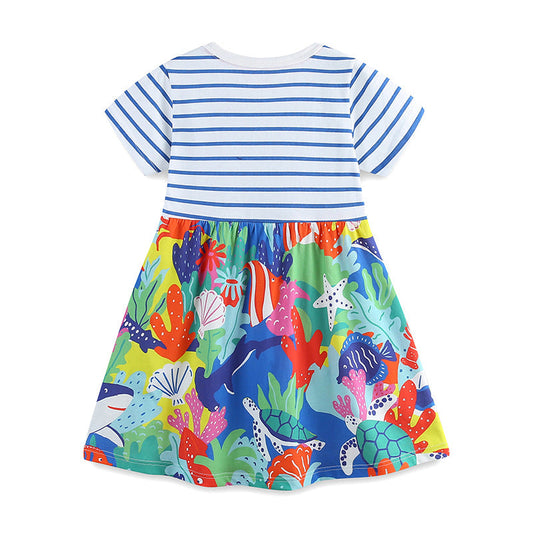 Summer Pure Cotton Cartoon Jungle Floral Pattern Short Sleeves Dress for Stylish Girls-1