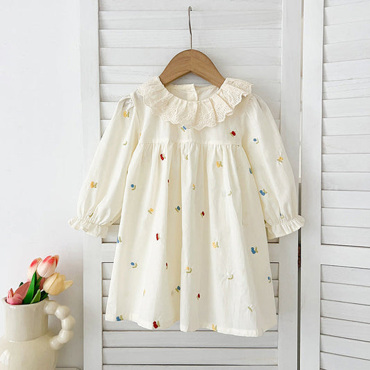 Spring Baby Girls Floral and Fruits Embroidery Pattern Long-sleeved Onesies and Dress – Princess Sister Matching Set-1