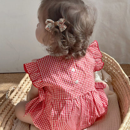 Summer Arrival Baby Cute Plaid Sleeveless Strawberry Embroidered Onesies-1
