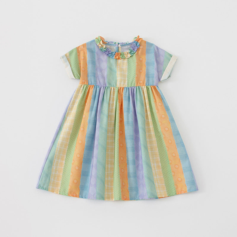 Summer Arrival Baby Kids Girls Short Sleeves Geometric Striped Pattern Dress-4