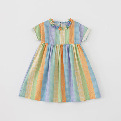 Summer Arrival Baby Kids Girls Short Sleeves Geometric Striped Pattern Dress-4
