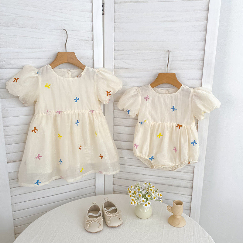 Arrival Summer Baby Kids Girls Butterfly Bows Pattern Short Sleeves Crew Neck Onesies and Girls’ Dress – Princess Sister Matching-0