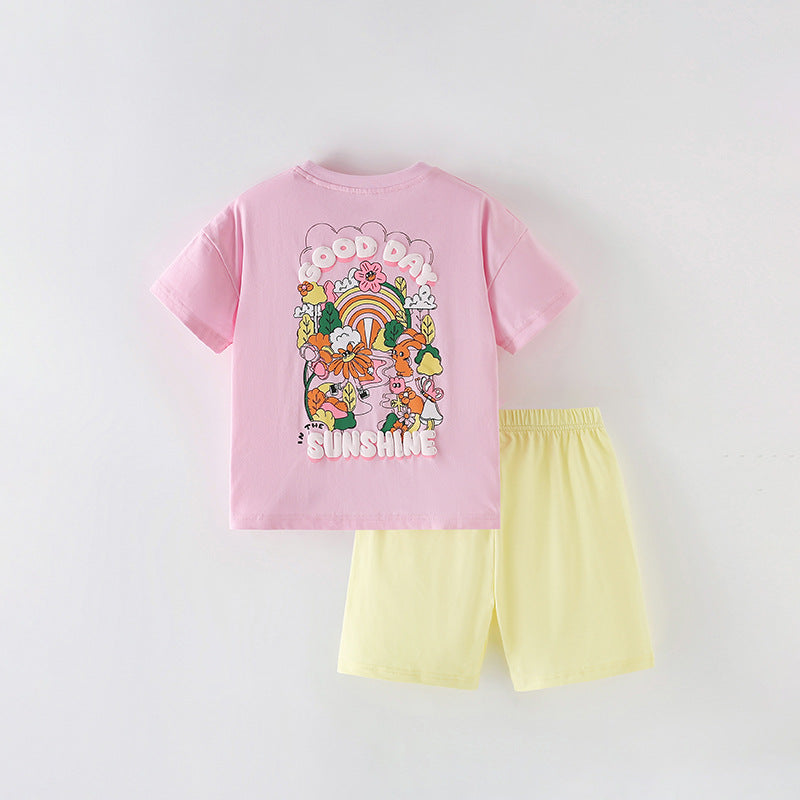 Summer Baby Kids Flowers and Letters Pattern T-shirt and Shorts Clothing Set for Girls-1