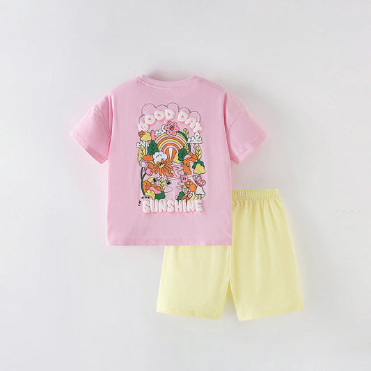 Summer Baby Kids Flowers and Letters Pattern T-shirt and Shorts Clothing Set for Girls-1