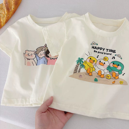 Summer Hot Selling Baby Kids Unisex Short Sleeves Cartoon Printed T-shirt and Plaid Shorts Clothing Set-1