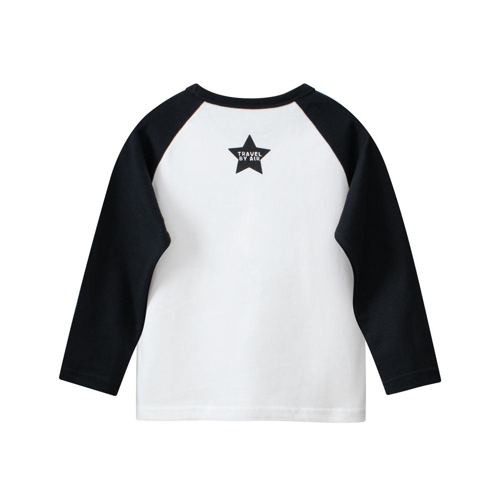 Autumn Baby Kids Boys Letters and Cartoon Print Long Sleeves Crew Neck Color Patchwork Top Shirt-1