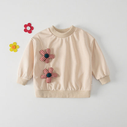 Autumn New Design Kids Girls Crew Neck Long Sleeves 3D Flowers Pattern Attached Top Pullover Shirt-1